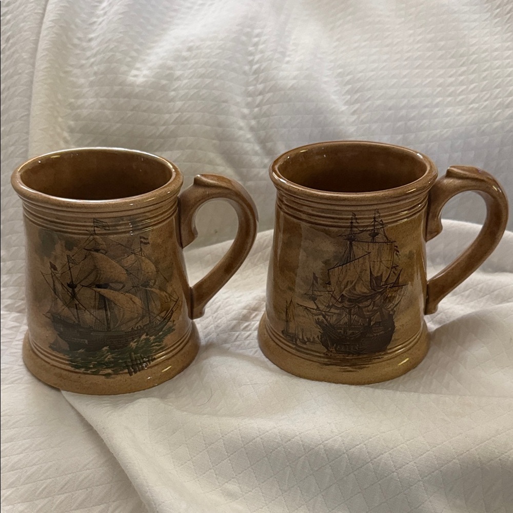 Vintage MINT condition Brown Sailing Ship Ceramic Mugs Set of 2
